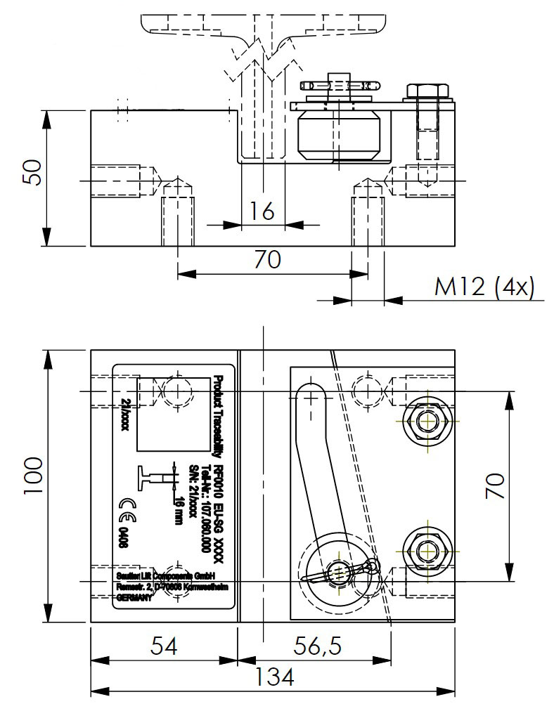 Sketch of the main body of the instantaneous safety gear RF0010 with drawing dimensions