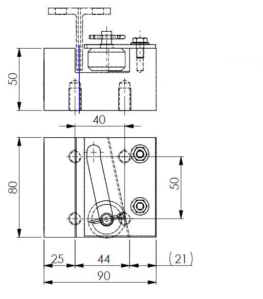 Sketch of the main body of the instantaneous safety gear RF0010 with drawing dimensions