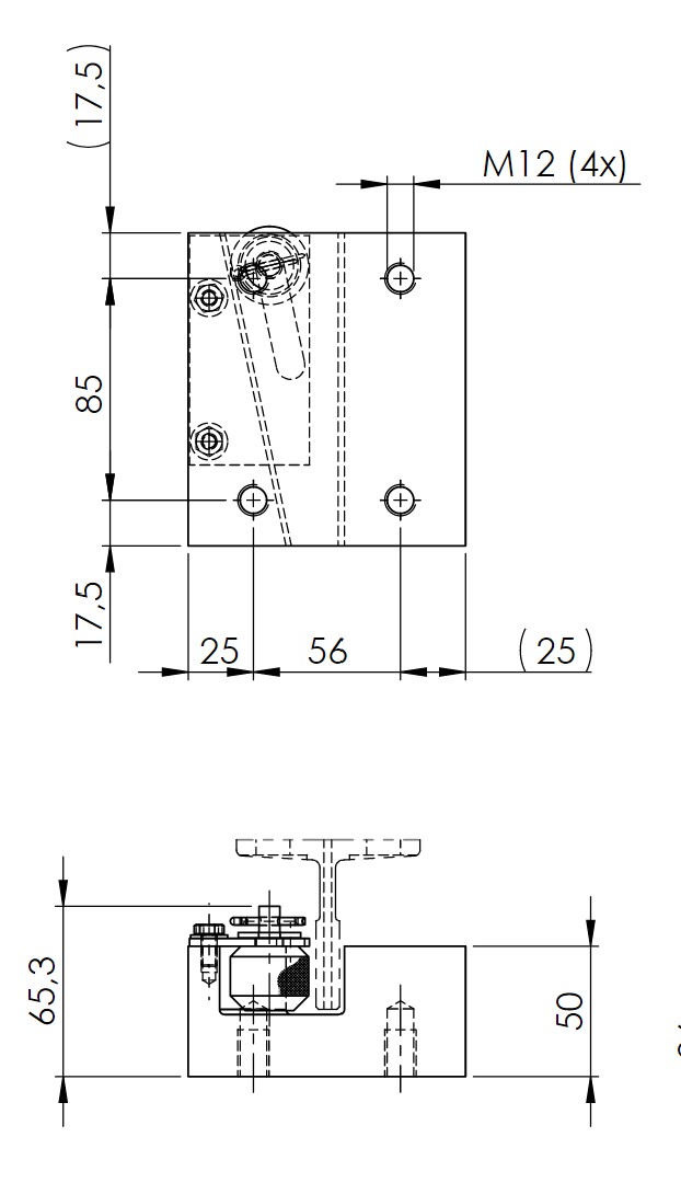 Skizze des Grundkörpers der Fangvorrichtung RF0002 mit Zeichnungsmaßen