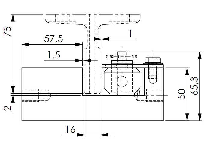 Sketch of the main body of the instantaneous safety gear RF0001 with drawing dimensions