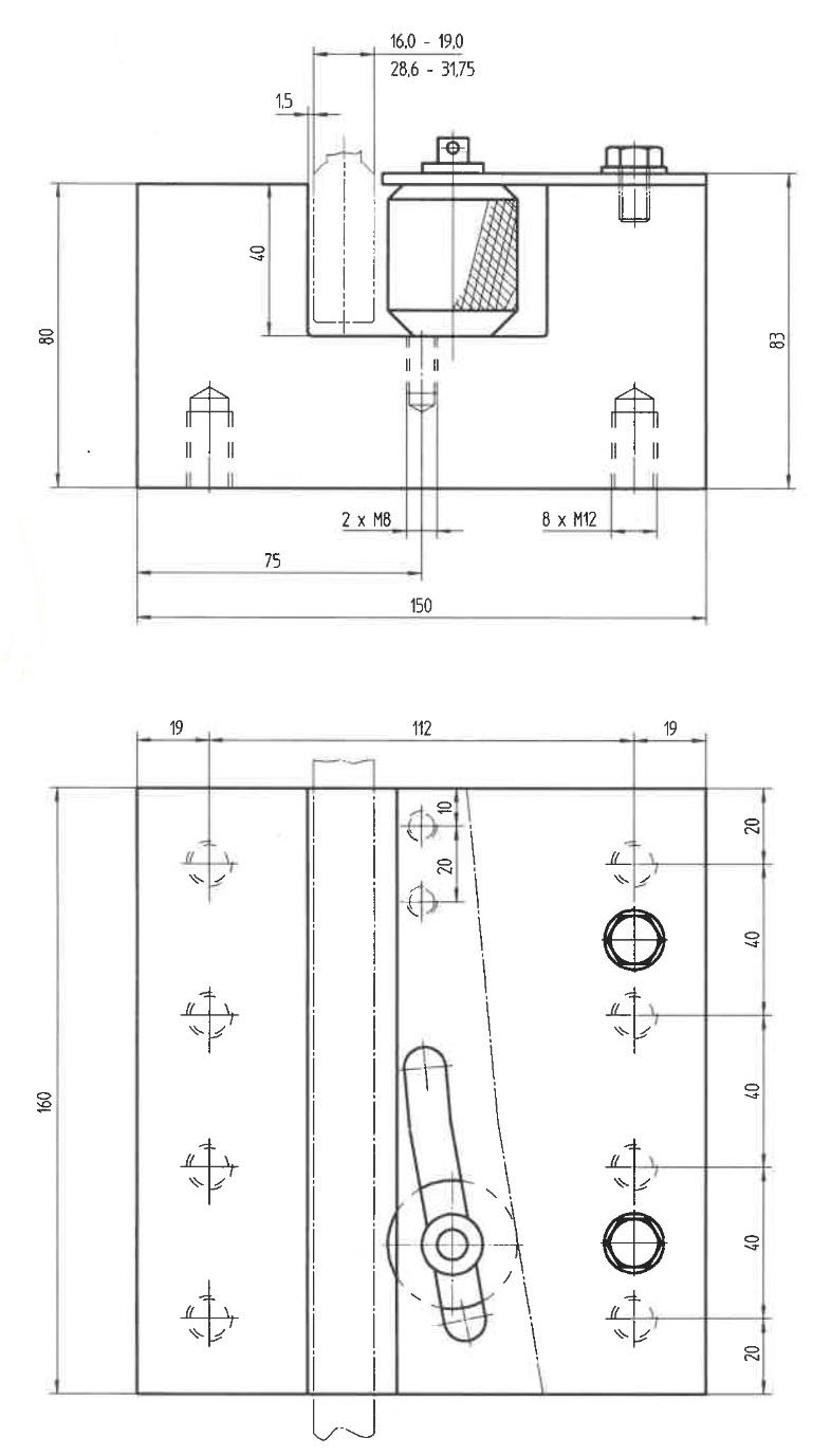 Sketch of the main body of the instantaneous safety gear RF0003 with drawing dimensions